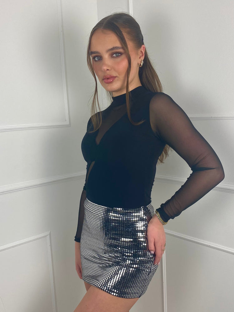 Square Sequin Mini Skirt- Silver