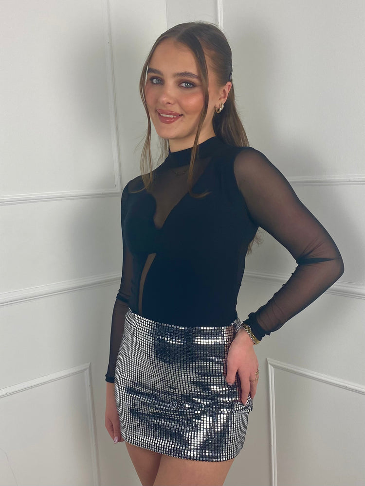 Square Sequin Mini Skirt- Silver