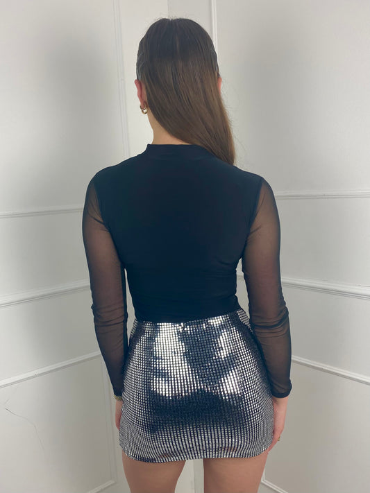 Square Sequin Mini Skirt- Silver