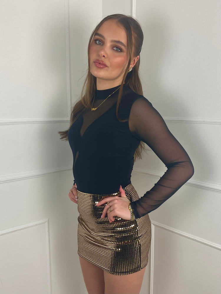 Square Sequin Mini Skirt- Gold