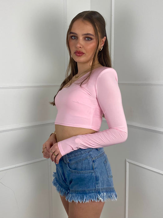 Padded Shoulder One Sleeve Top- Baby Pink