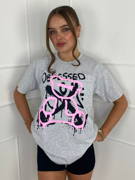 Obsessed Teddy Print T-shirt - Grey