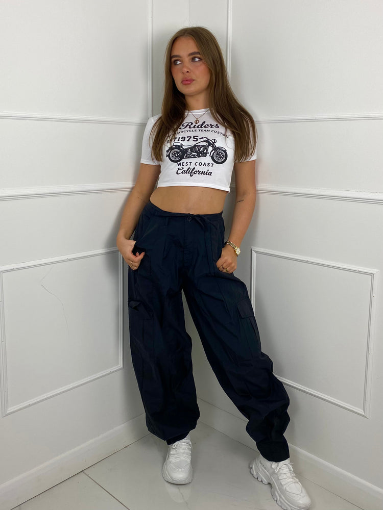 Tie Waist Parachute Pants - Black