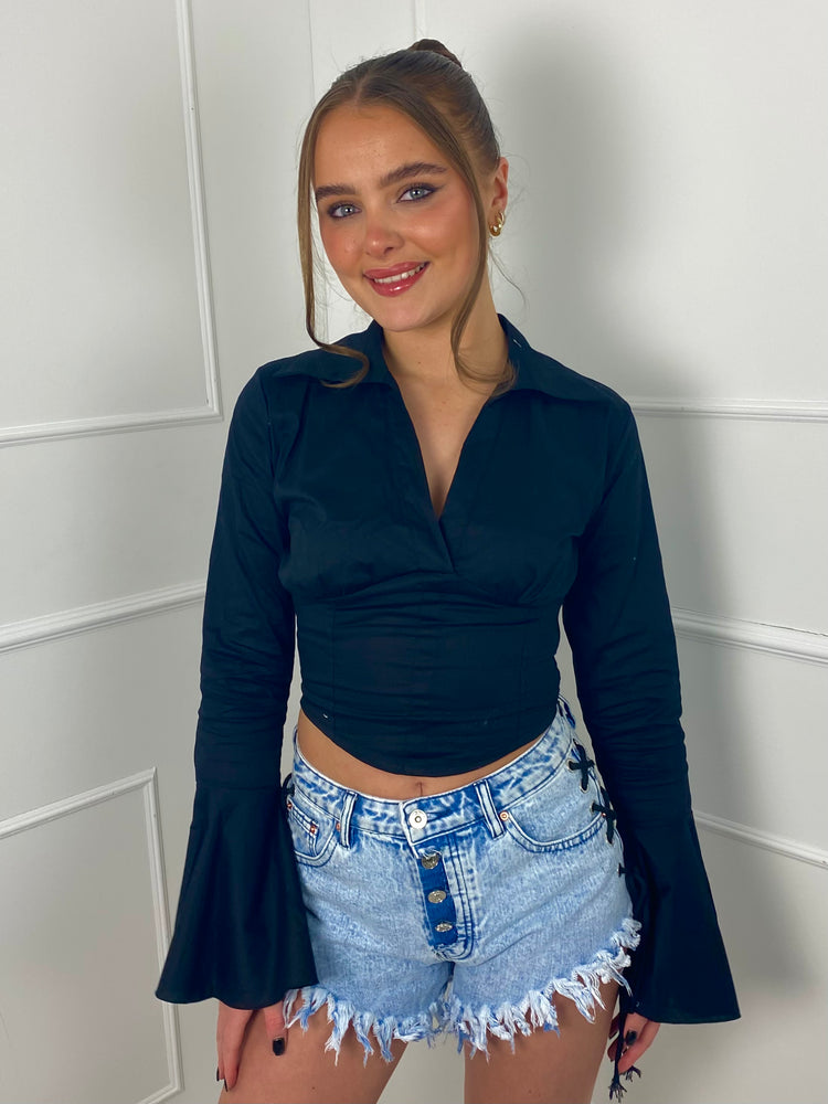 Flared Sleeve Collar Shirt - Black