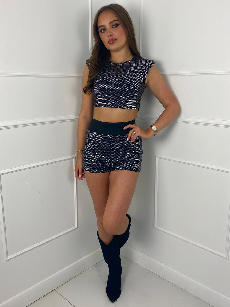 Lurex Sequin Top and Shorts Co-ord - Black