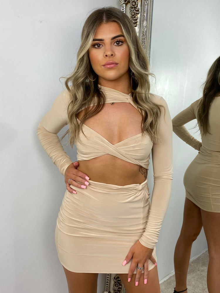 Long Sleeve Cut Out Knotted Co-Ord - Beige