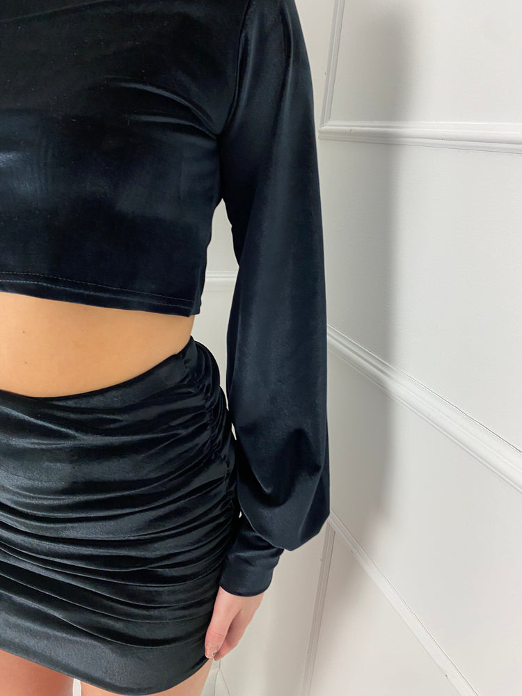 Shoulder Pad Long Sleeve Velvet Skirt set - Black
