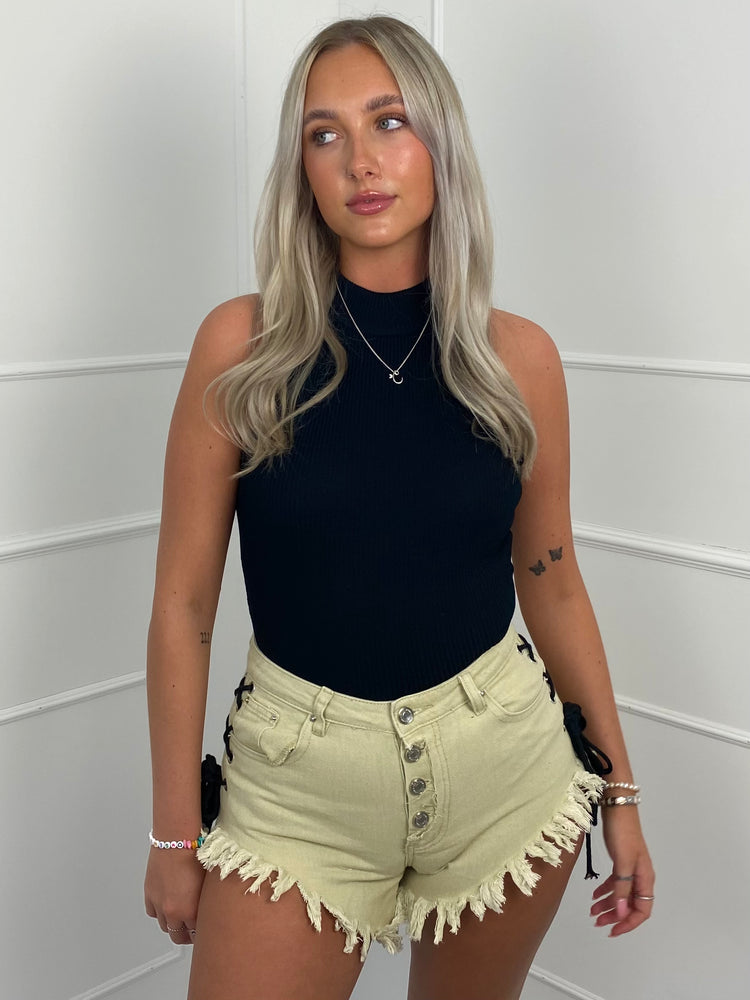 Fringe Lace Side Denim Shorts - Beige/Black