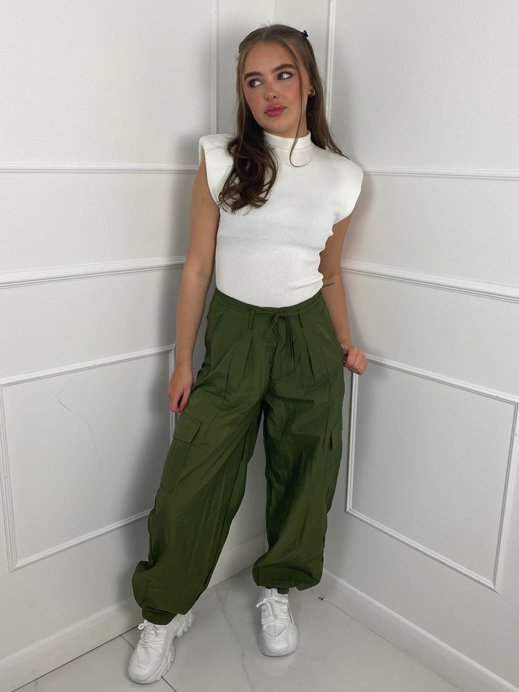 Tie Waist Parachute Pants - Khaki