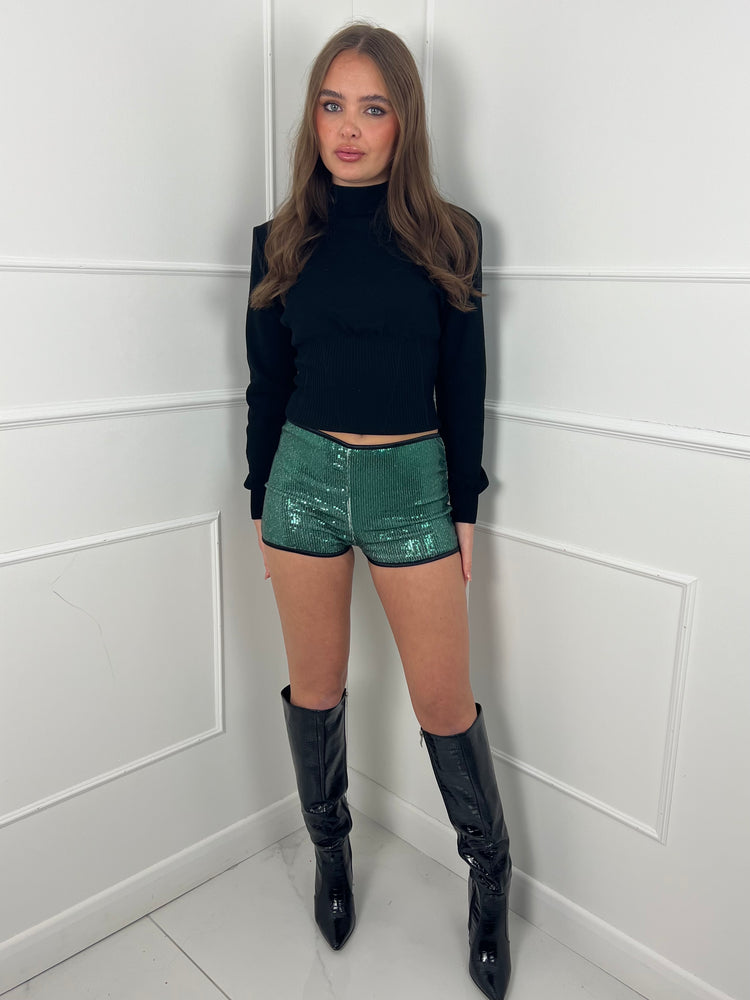 Low Waisted Sequin Shorts - Green