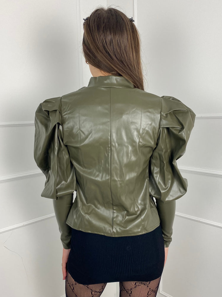 PU Puff Sleeve Jacket - Khaki