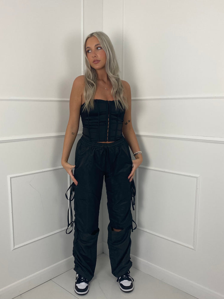 Bow Tie Detail Open Knee Cargos - Black