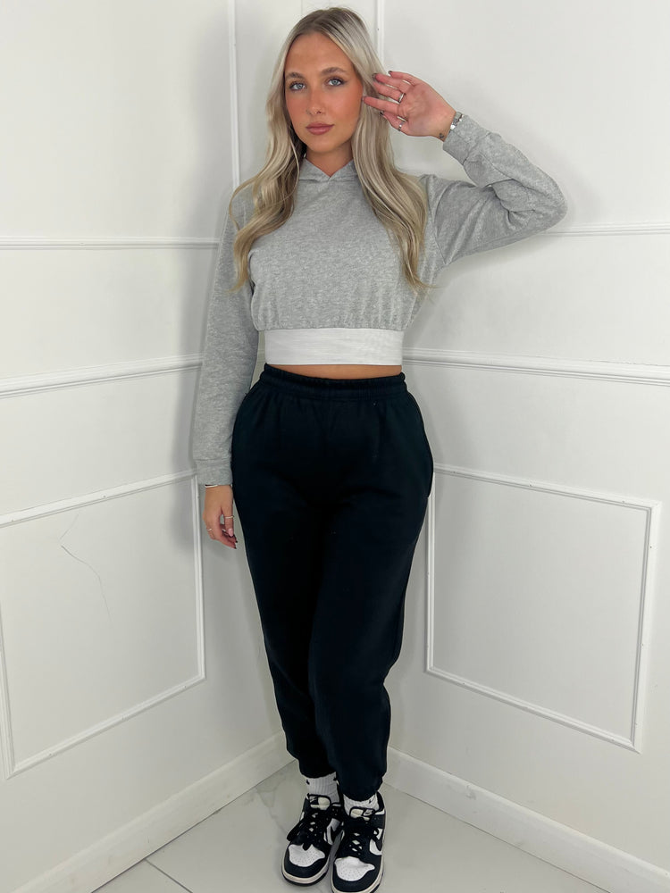 Band Detail Cropped Hoodie - Grey