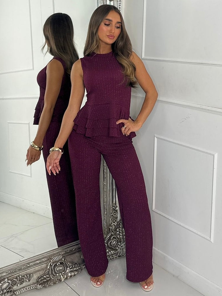 Lurex Knit High Neck Ruffle Top & Flares Co-Ord - Wine