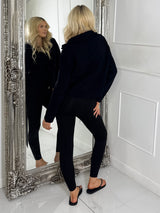 Zip Up Detail 
Long Sleeve Cropped Knitted Ribbed Jumper- Black