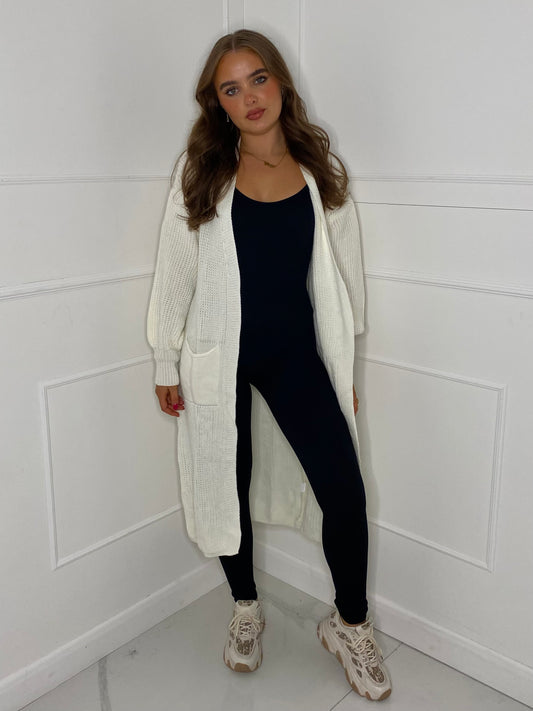 Balloon Sleeve Long Knitted Cardigan - White