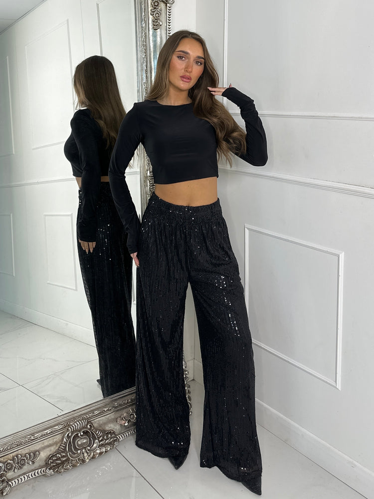 Sequin Wide Leg Trousers - Black