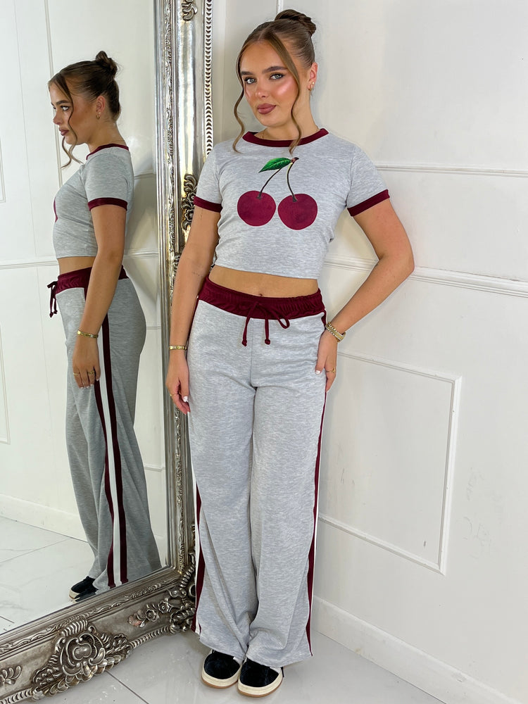 Cherry Tee & Side Stripe Trousers Co-Ord - Grey