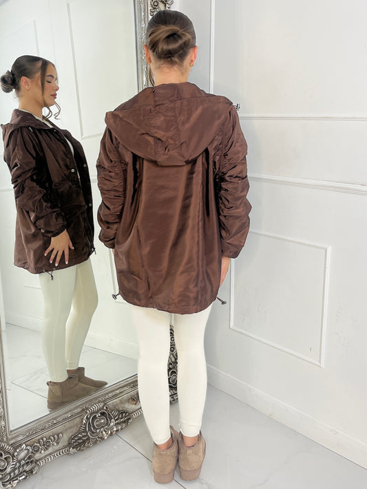 Long Ruched Sleeve Windbreaker Jacket - Brown