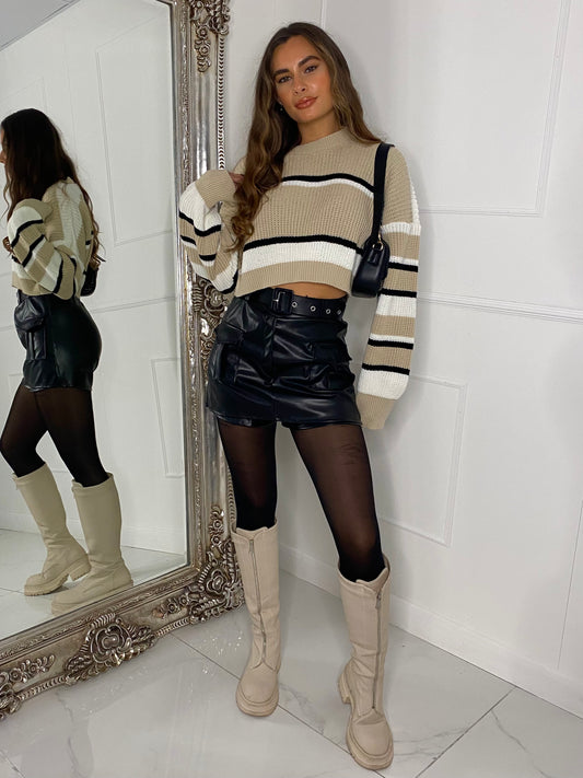 Striped Cropped Knitted Jumper -  Beige