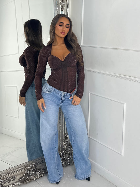 Long Sleeve Diamante Detail Cupped Bodysuit - Chocolate Brown