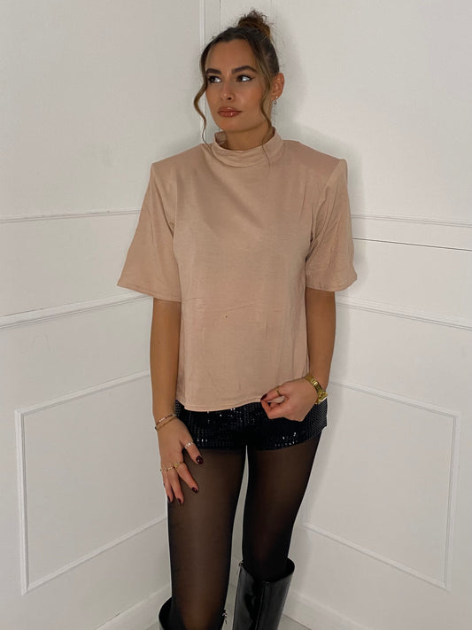 Padded Shoulder Long T-shirt - Beige