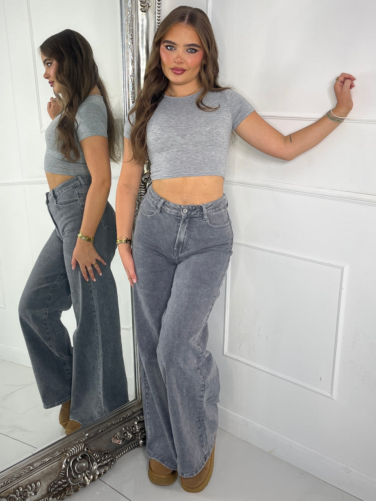 Wide Leg Stretch Jeans - Light Grey