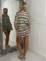 Knitted Crochet Oversized Tee & Matching Shorts Set - Yellow Multi Swirl