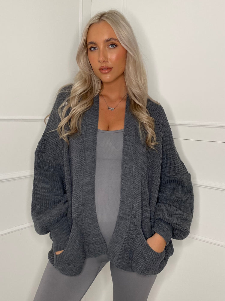 Balloon Sleeve Knitted Cardigan - Dark Grey