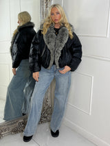 PU Faux Fur Collared Bomber Jacket - Black