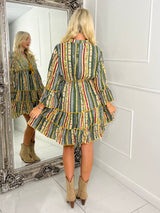 Embellished Tassle Detail Long Sleeve Boho Dress - Green Multi