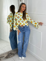 Crochet contrast patterned top - Beige/Orange&Green