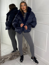 Hooded Puffer Coat With Faux Fur Trim - Navy Blue