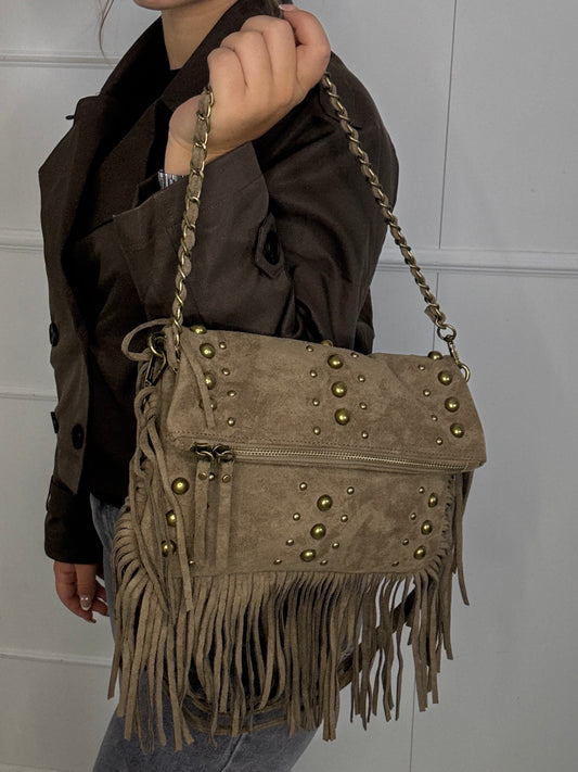 Suede Gold Detail Tassle Chain Bag - Beige