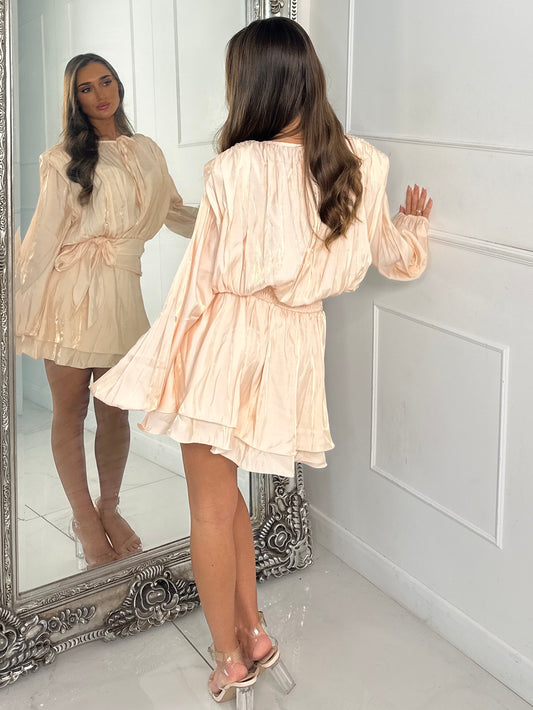 Pleated Belt Detail Chiffon Shirt Dress - Light Beige