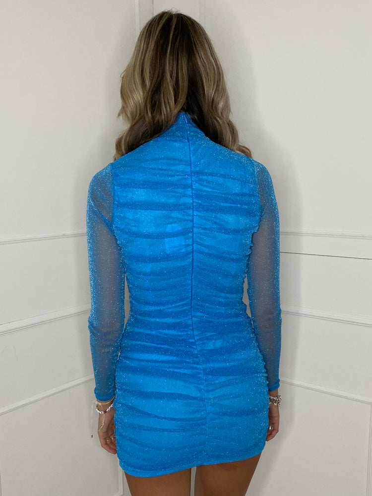 High Neck Ruche Detail Dress - Blue Shimmer