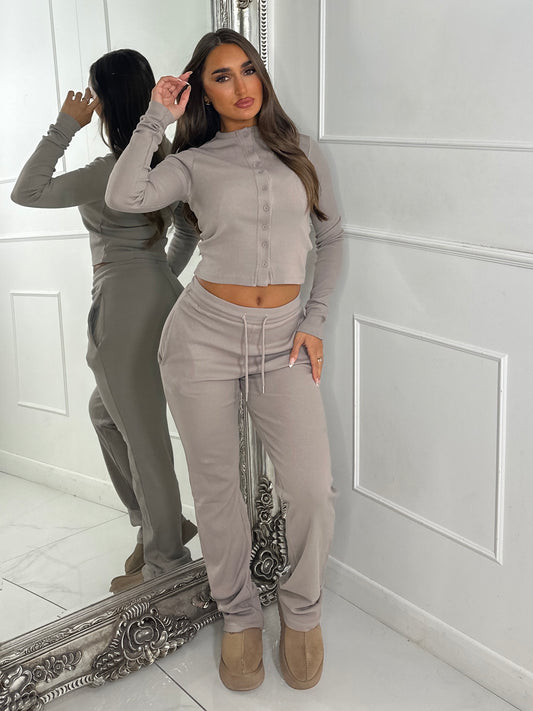 Ribbed Long Sleeve Button Up Top & Pants Co-Ord - Dove Grey