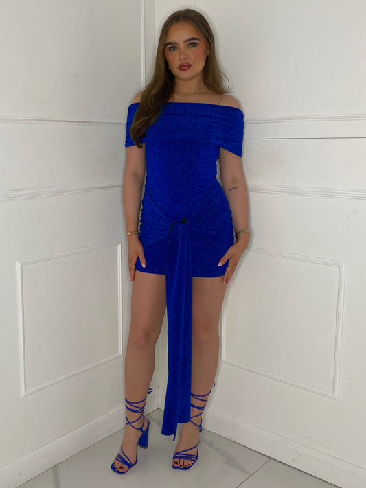 Glitter Off Shoulder Short Sleeve Dress - Royal Blue