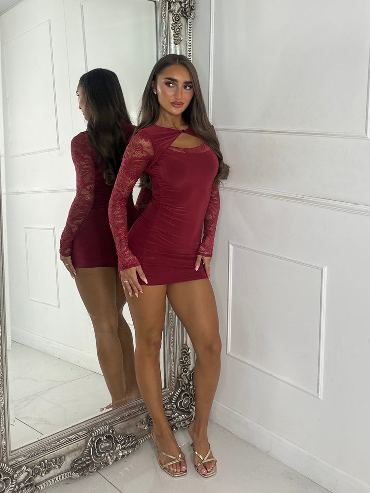 Celeste Lace Sleeve Mini Dress - Wine