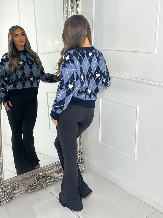 Round Neck Patterned Diamond Print Jumper With Heart Detail - Navy/Blue