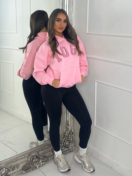 YOGA Textured Slogan Hoodie - Pink
