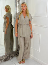 Linen Tie Waist V Neck Top & Wide Leg Pants Co-Ord - Taupe