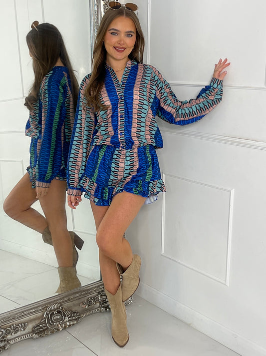 Matching Long Sleeve Shirt and Frill Skort Set - Blue Multi