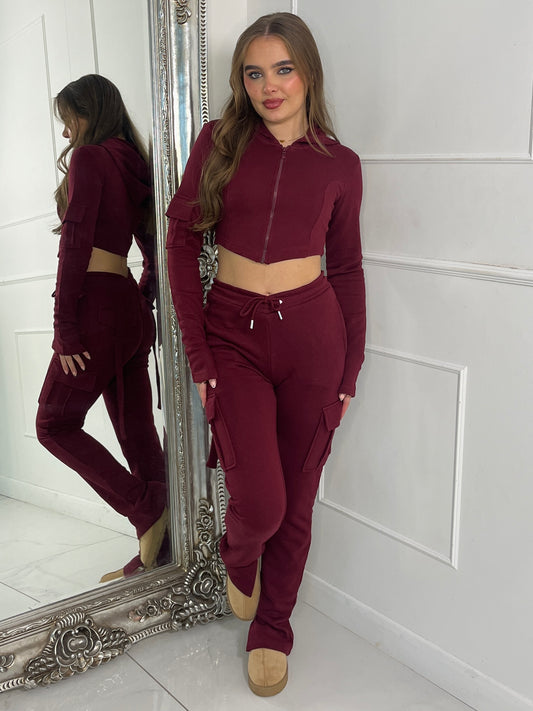 Corset detail hooded top & Ruche Back pocket Joggers Set - Wine