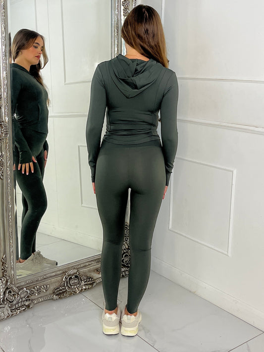 Hooded Gym Top & Gym Leggings Set - Khaki Green