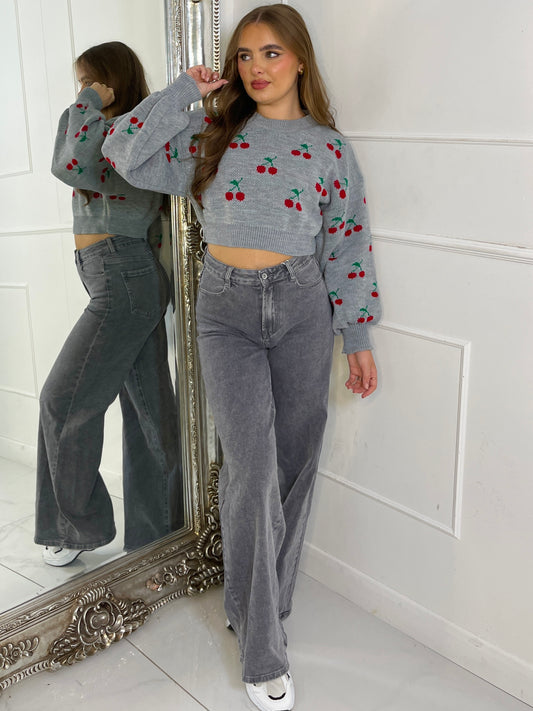 Cherry Cropped Knitted Jumper - Grey