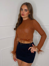 Mesh Feather Detail Top - Brown