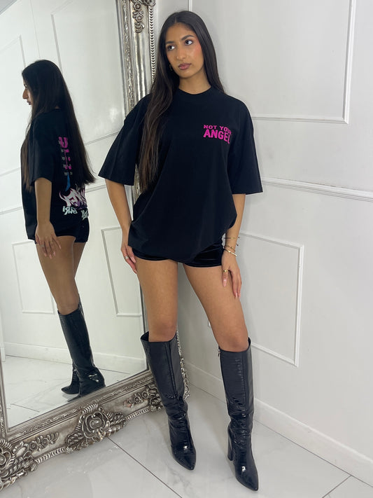 Ribbed Collar Oversized T-Shirt - Black Not Your Angel Print