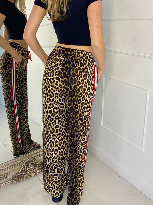 Leopard Print Wide Leg Side Stripe Trousers