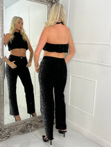 Scattered Side Diamante Wide Leg Jeans - Black Denim